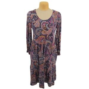 Canyon Retreat Womens Large Paisley Long Sleeve Tiered Midi Dress Boho Peasant
